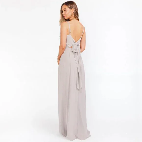 Show Me Your Mumu Lauren Tie Back Dove Grey Chiffon Bridesmaid Maxi Dress - Picture 8 of 16